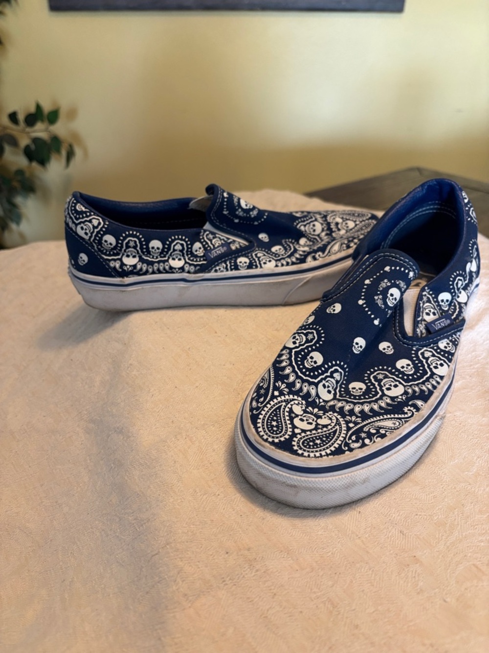 Vans Navy Slip-On Sneakers with White Skull Paisley Sz 7